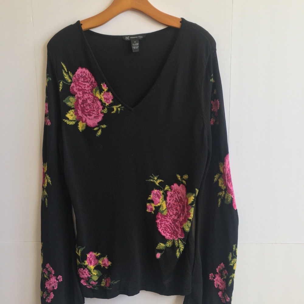 INC  Dramatic Sleeves Black V-Neck Sweater Pink Rose Embroidery - Picture 3 of 13